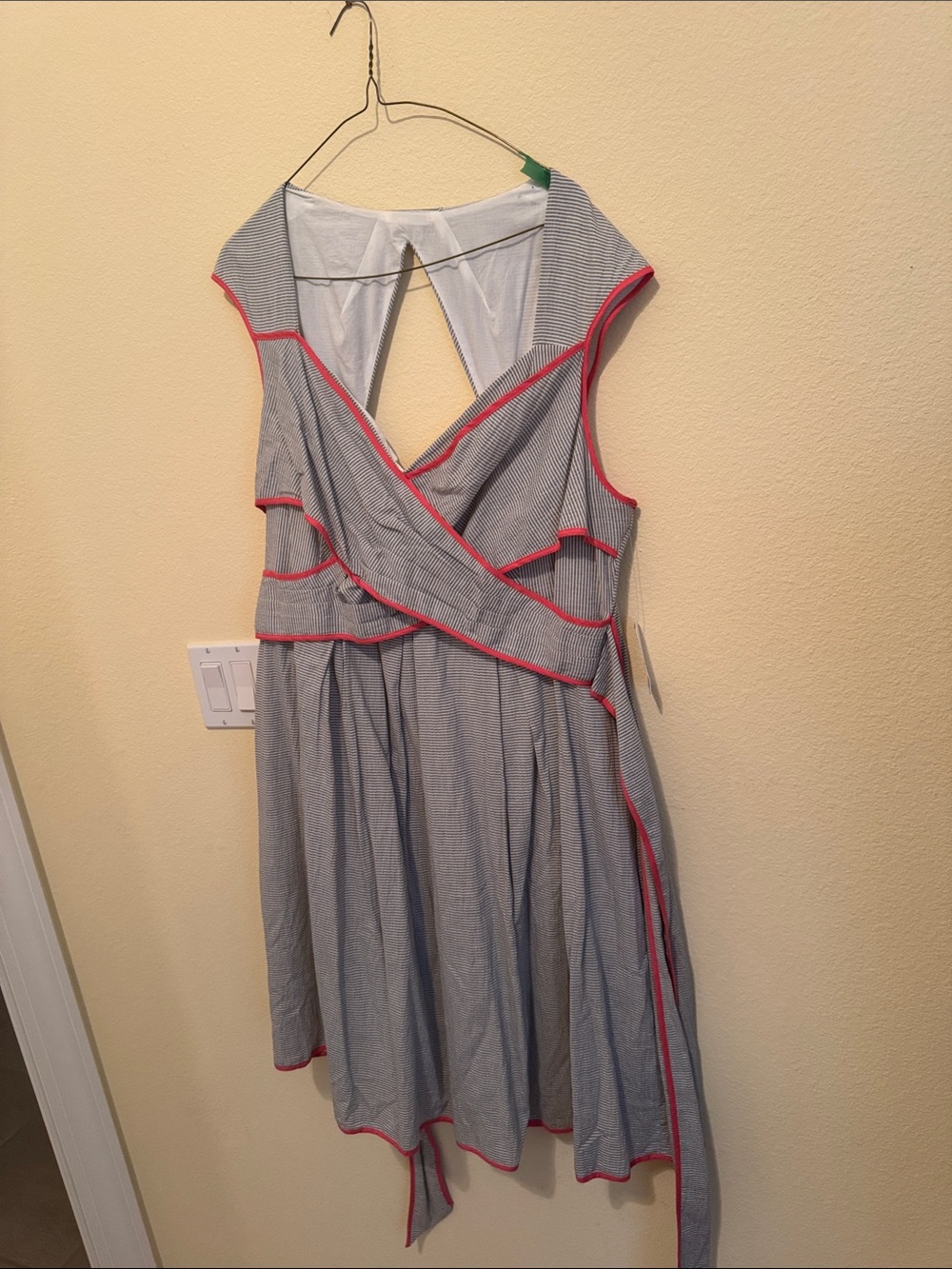 Jessica Simpson Blue Pinstripe Wrap Dress with Pink Trim
